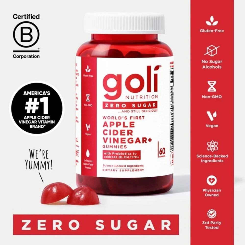 Zero Sugar Apple Cider Vinegar Gummies - Vitamin B12, Probiotics -60 Count